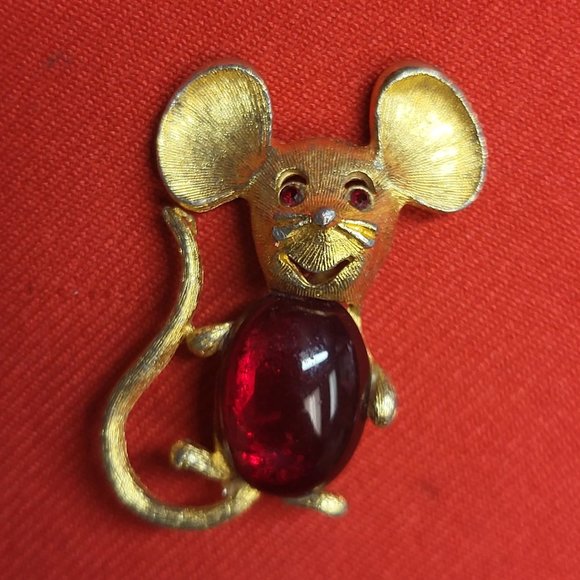 VTG Park Lane Gold Tone Mouse Brooch Pin Jelly Belly Red Eyes - Picture 1 of 12